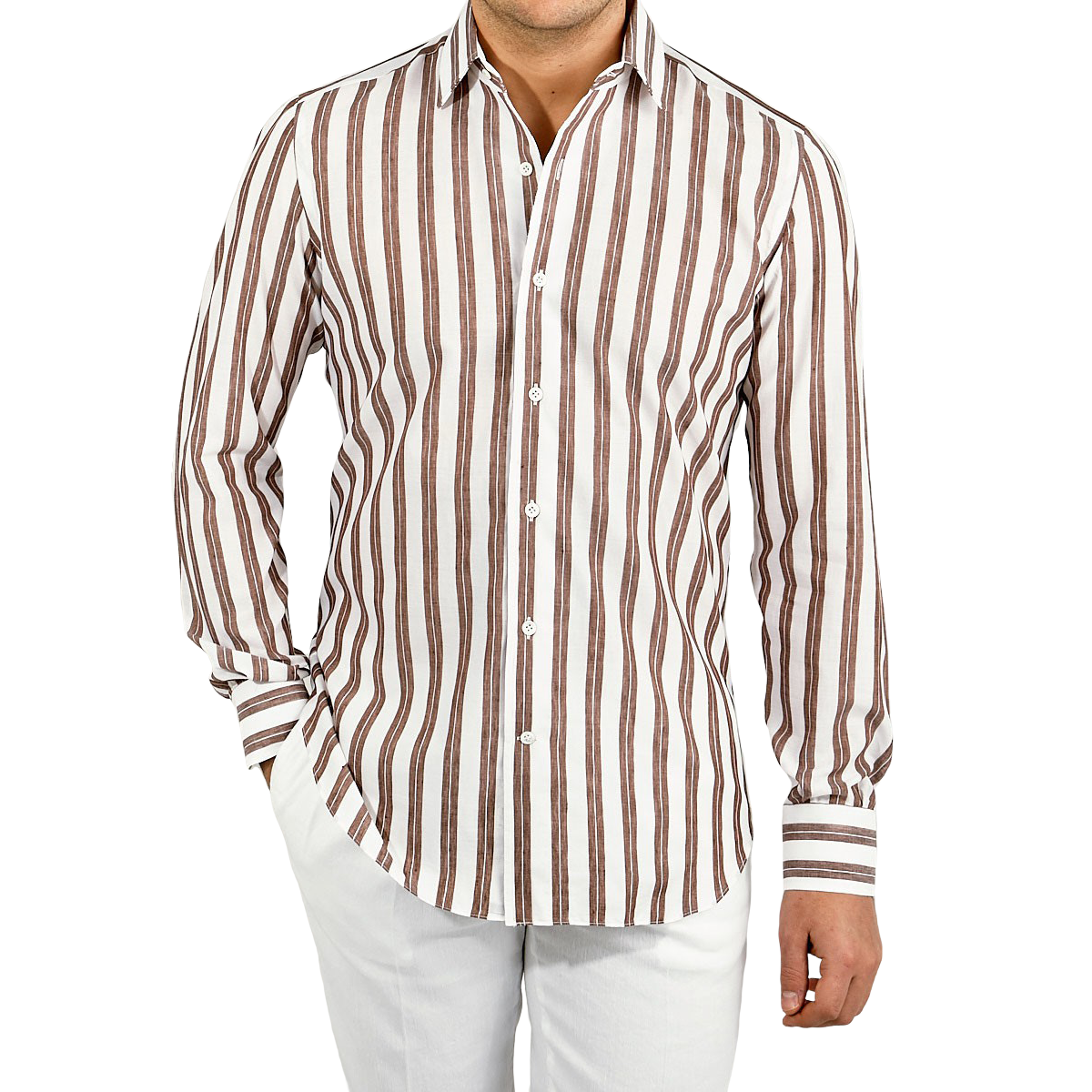Mazzarelli - Brown Striped Cotton Linen Regular Fit Shirt | Baltzar
