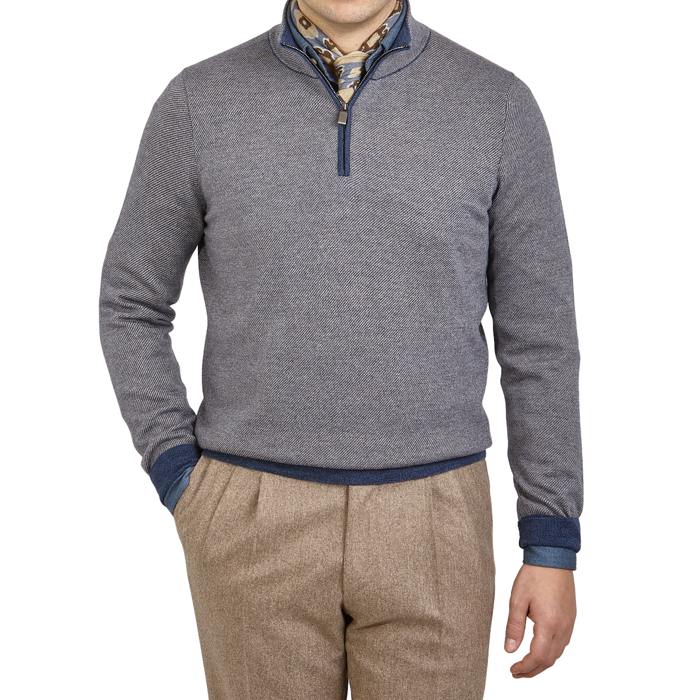 Canali - Navy Taupe Wool 1/4 Zip Sweater | Baltzar