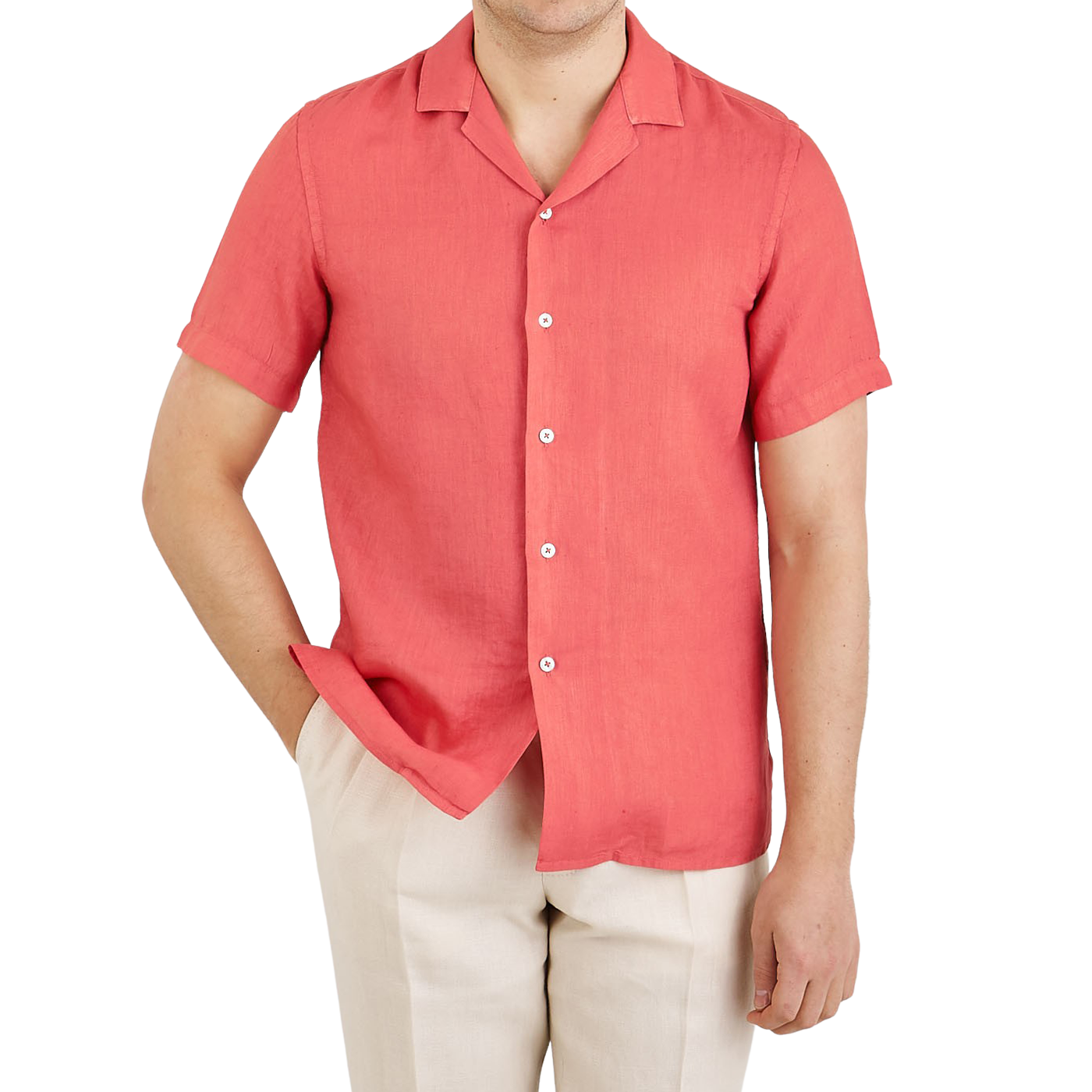 Coral Red Linen Short Sleeve Shirt 