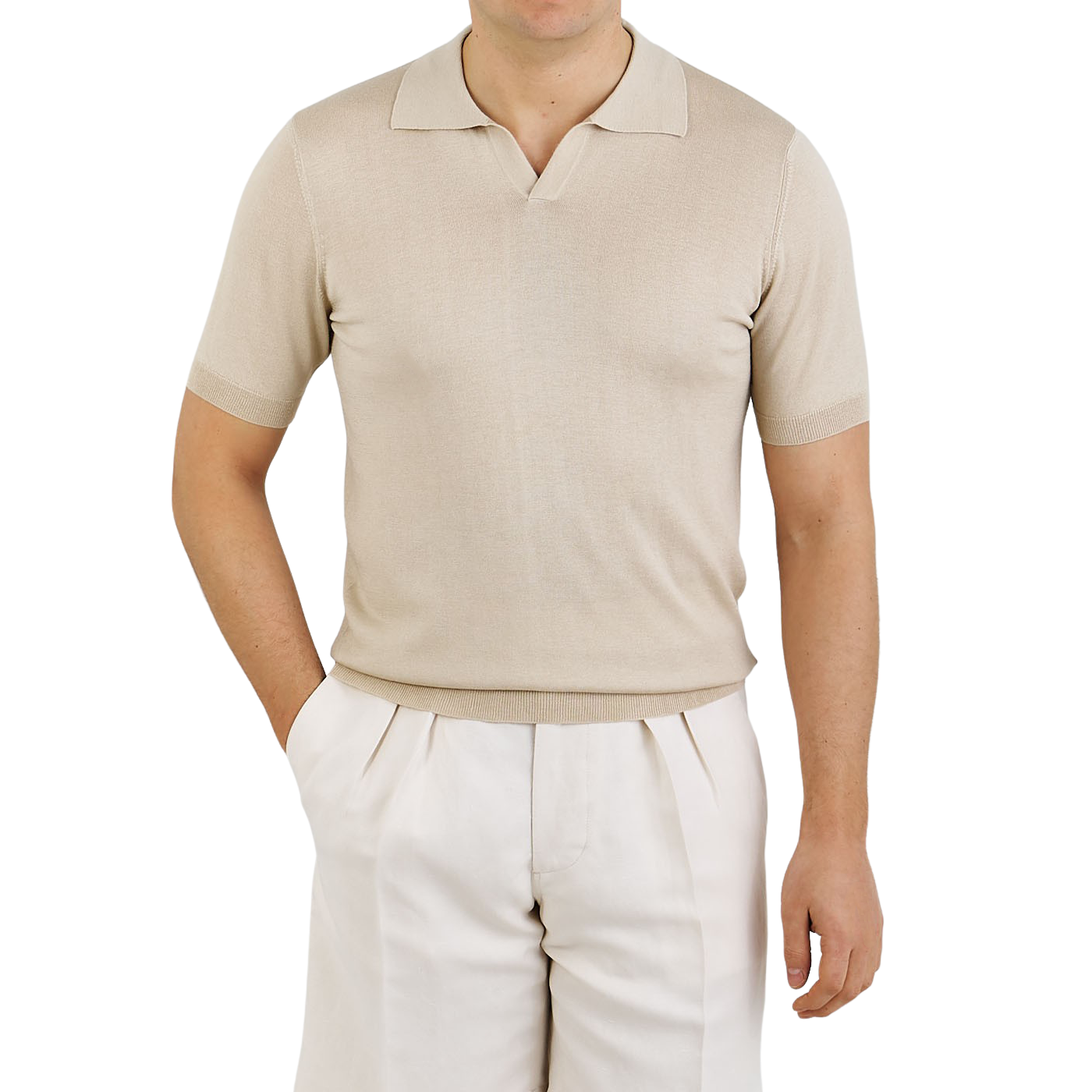 Beige Silk Cashmere Open Collar Polo 