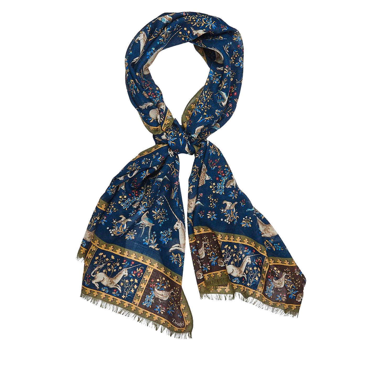 Drake's - Blue Wool Silk Unicorn Print Scarf | Baltzar
