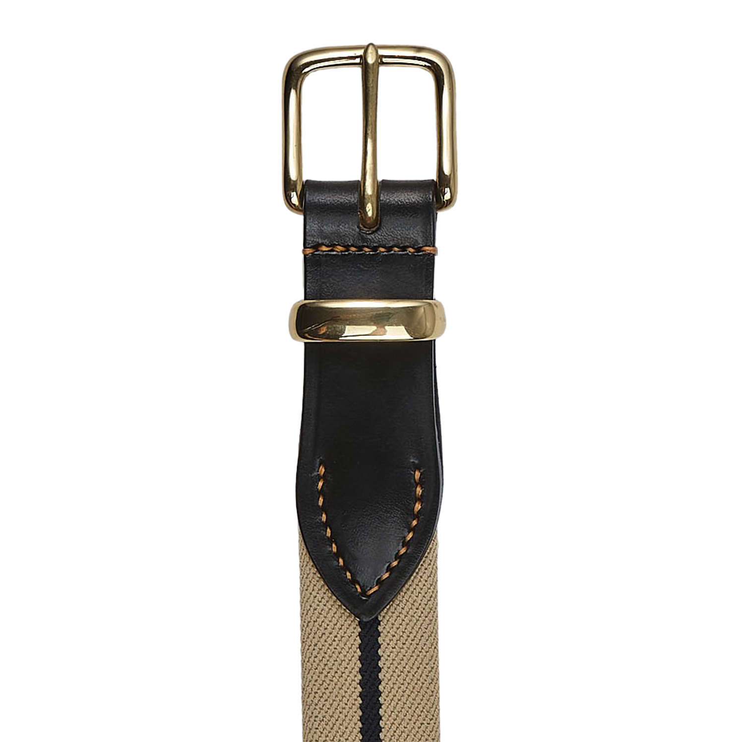 Beige Striped Canvas Black Leather 35mm Belt