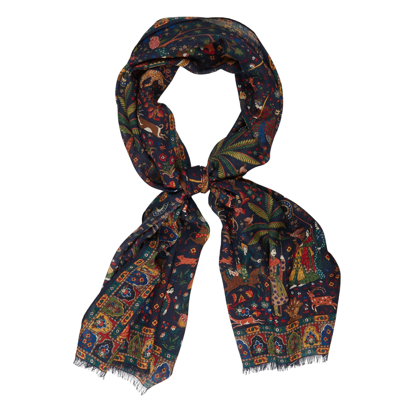 Drake's - Navy Mughal Hunter Print Wool Silk Scarf | Baltzar