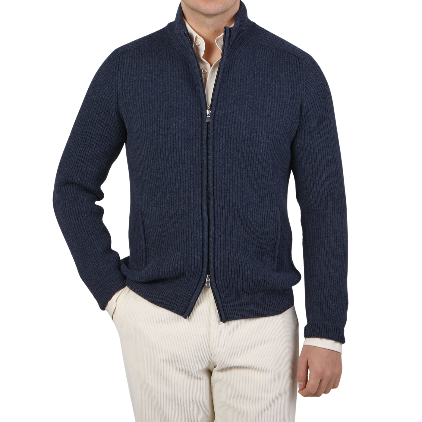 Gran Sasso - Blue Melange Wool Cashmere Ribbed Zip Cardigan | Baltzar