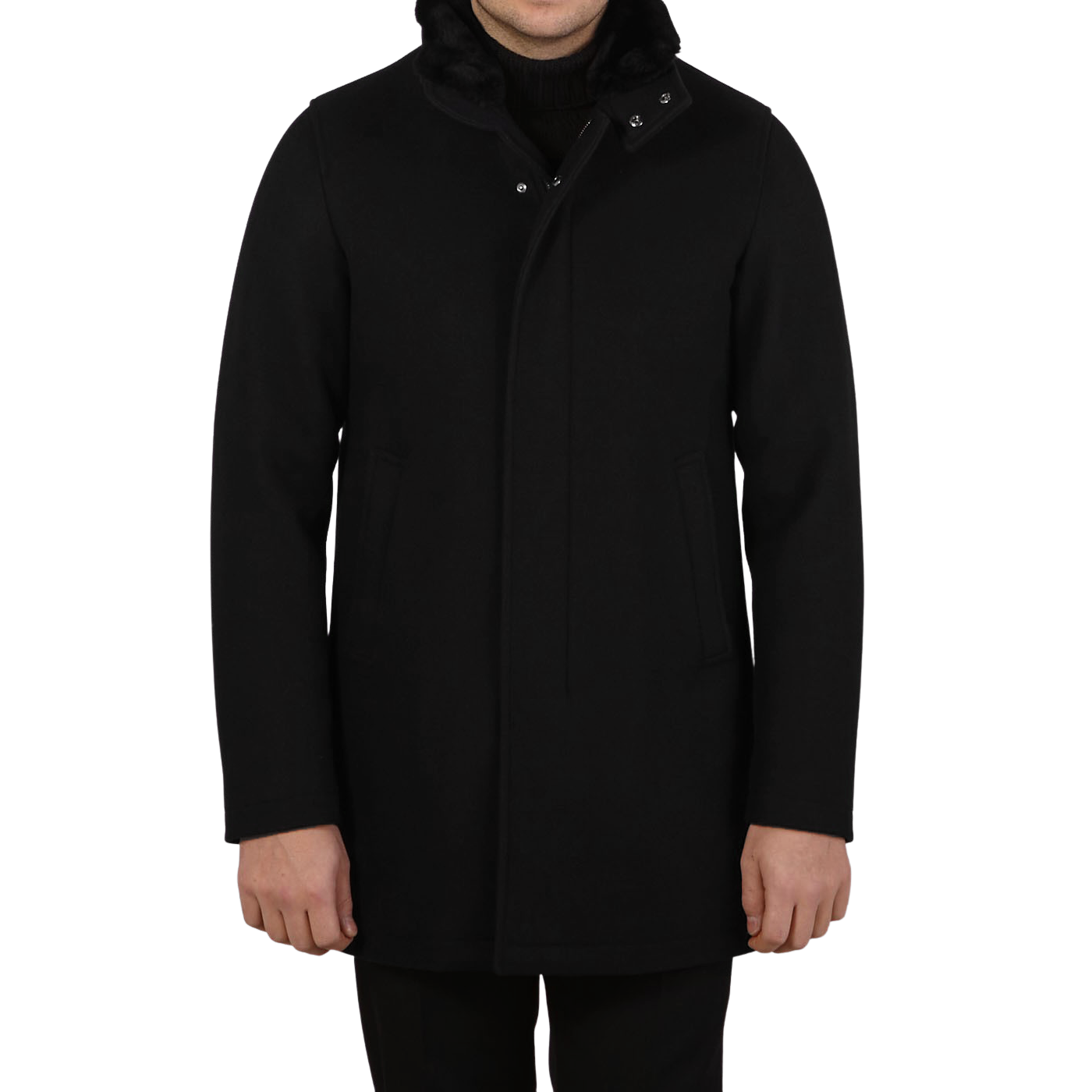 Herno - Black Diagonal Wool Fur Collar Car Coat | Baltzar