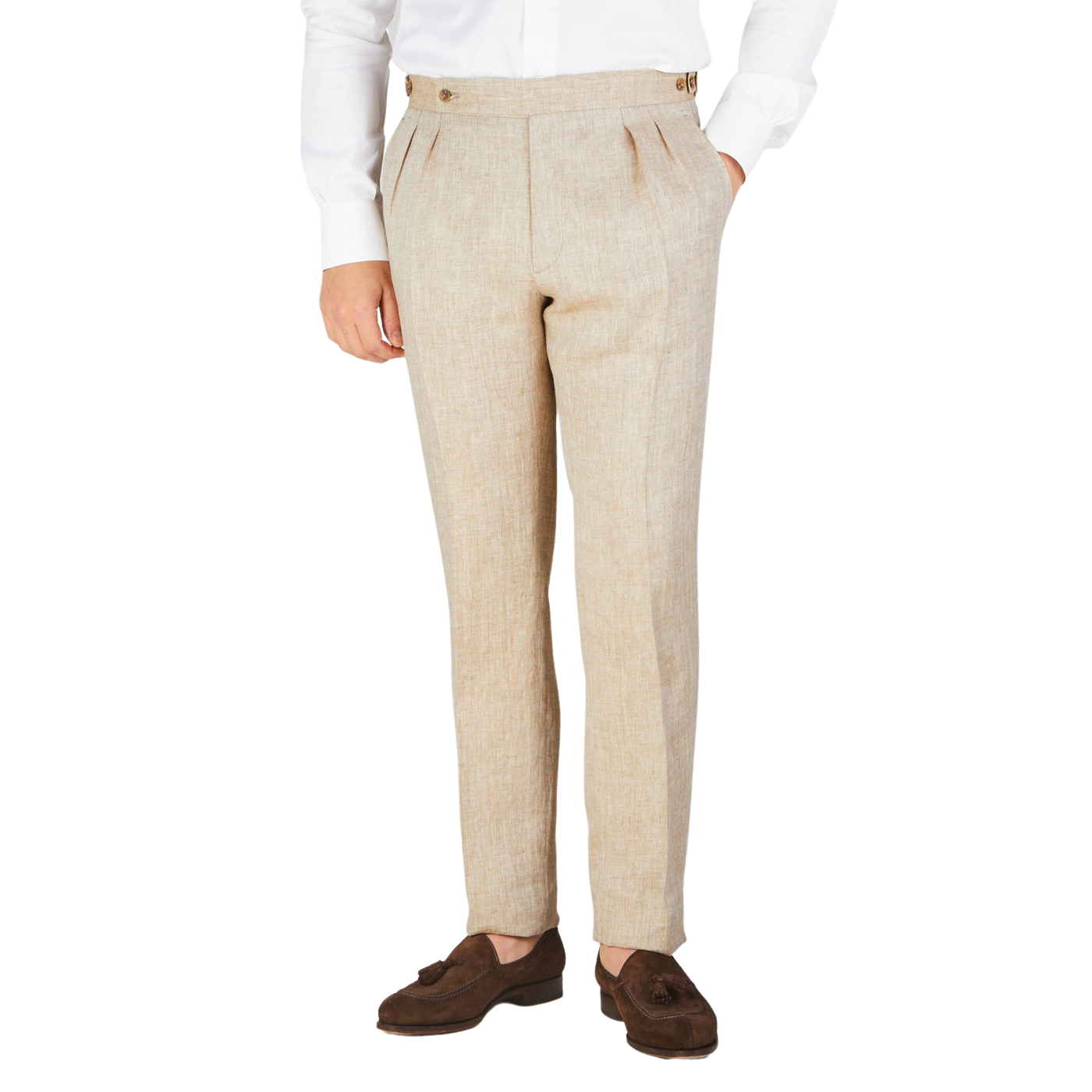 Berwich - Beige Herringbone Linen Pleated Trousers | Baltzar